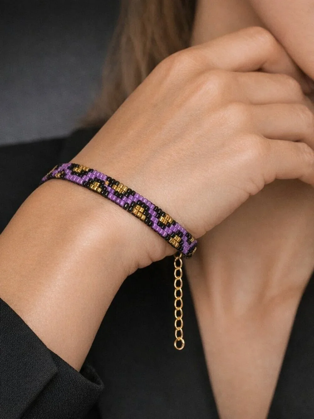 Purple Black and Gold Leppard Print  Cheeta Pattern Seed Bead  Bracelet